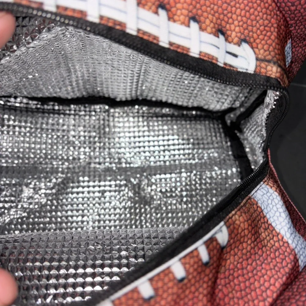Football Print Insulated Lunch Bag Brown Sports Tailgate Cooler Zippered Case